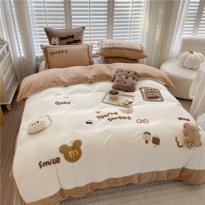 91家纺网 家纺一手货源 找家纺 星野2022新款高克重全消光秋冬绒牛奶绒四件套 可可饼干