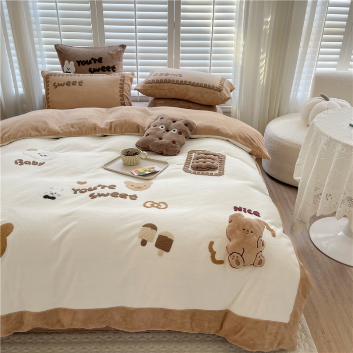 91家纺网 家纺一手货源 找家纺 星野2022新款高克重全消光秋冬绒牛奶绒四件套 可可饼干