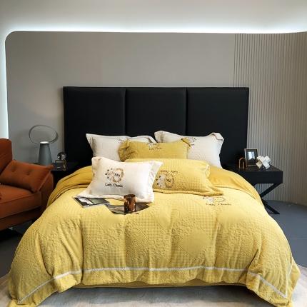 91家纺网 家纺一手货源 找家纺 馨蕊家居 2022新款秋冬刺绣轻奢煦暖绒四件套-莫奈场景一 莫奈-氧气黄