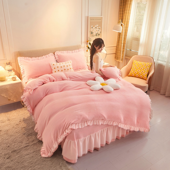 91家纺网 家纺一手货源 找家纺 艾晶美2022纯色牛奶绒四件套韩版花边四件套床裙四件套仙女粉