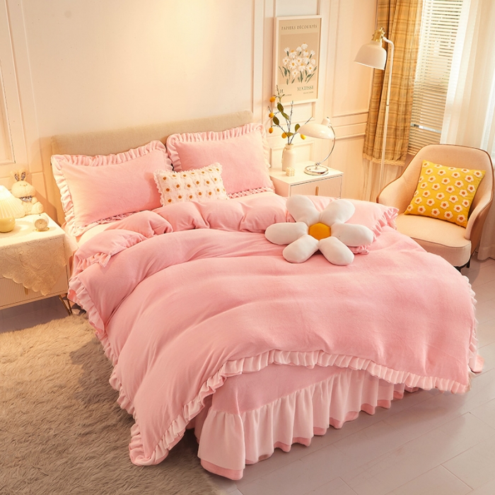 91家纺网 家纺一手货源 找家纺 艾晶美2022纯色牛奶绒四件套韩版花边四件套床裙四件套仙女粉