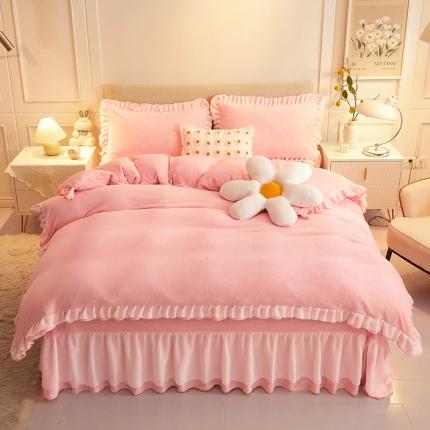 91家纺网 家纺一手货源 找家纺 艾晶美2022纯色牛奶绒四件套韩版花边四件套床裙四件套仙女粉