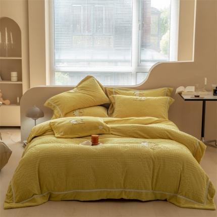 馨蕊家居 2022新款秋冬刺绣轻奢煦暖绒四件套-莫奈场景二 莫奈-氧气黄