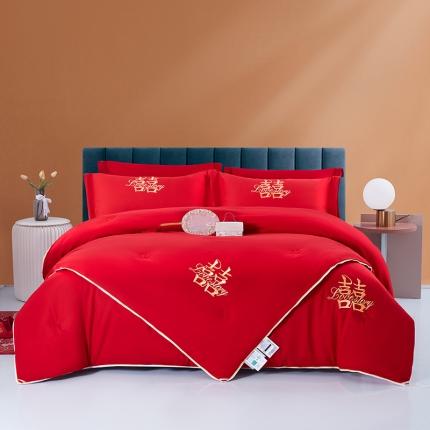 91家纺网 家纺一手货源 找家纺 玉雅2025婚庆被子磨毛绣花大豆春秋被双喜子母被（红+红）