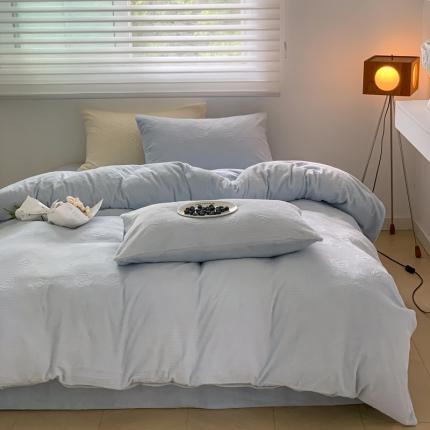 91家纺网 家纺一手货源 找家纺 六巷胡同 2022新款小香风山茶花华夫格牛奶绒四件套 山茶花-奶油蓝