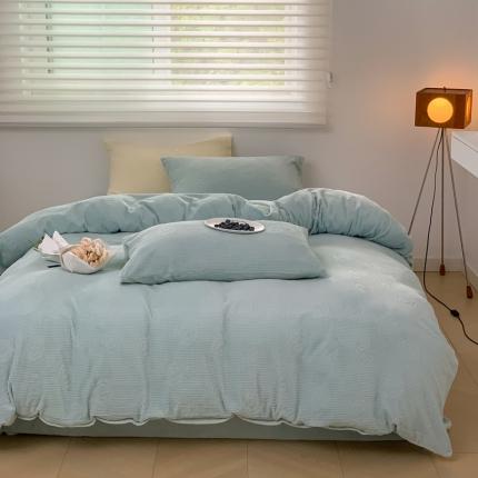 91家纺网 家纺一手货源 找家纺 六巷胡同2022小香风山茶花华夫格牛奶绒四件套山茶花-晴水绿