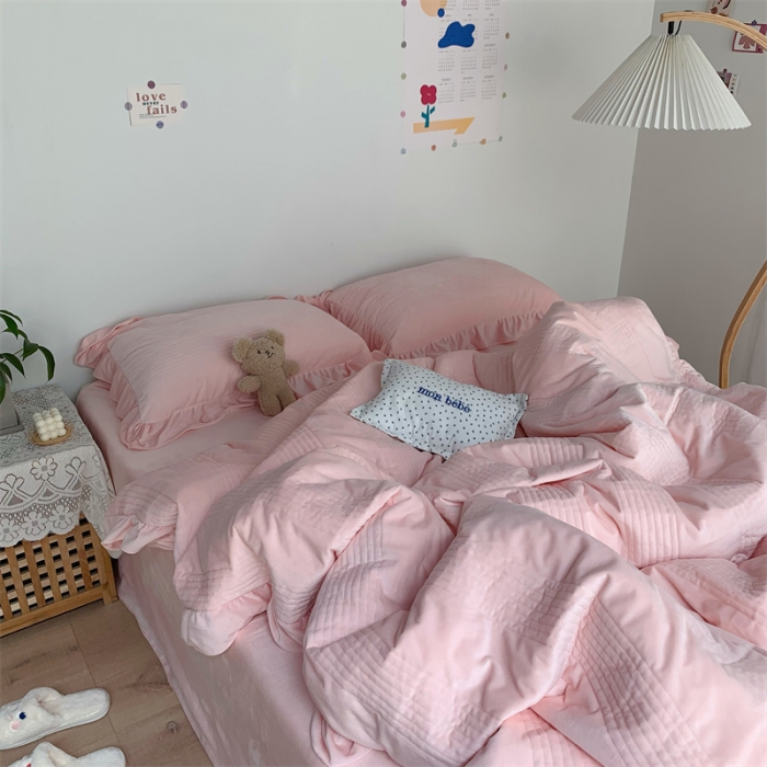 91家纺网 家纺一手货源 找家纺 六巷胡同 2022新款韩国博主同款婴儿绒四件套 浅橘粉