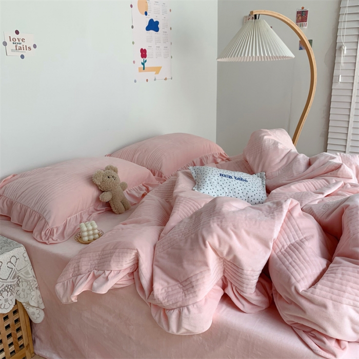 91家纺网 家纺一手货源 找家纺 六巷胡同 2022新款韩国博主同款婴儿绒四件套 浅橘粉