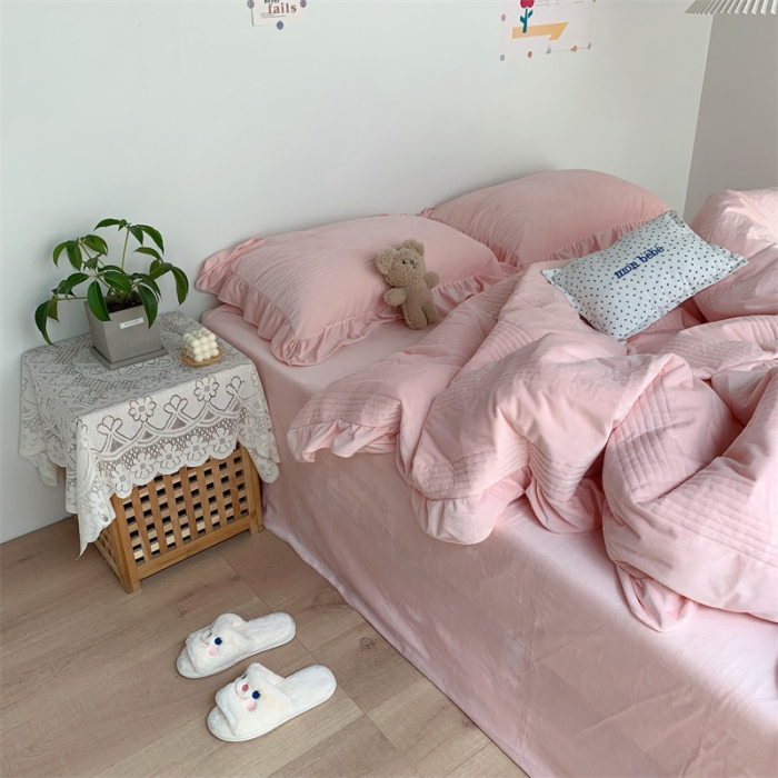 91家纺网 家纺一手货源 找家纺 六巷胡同 2022新款韩国博主同款婴儿绒四件套 浅橘粉