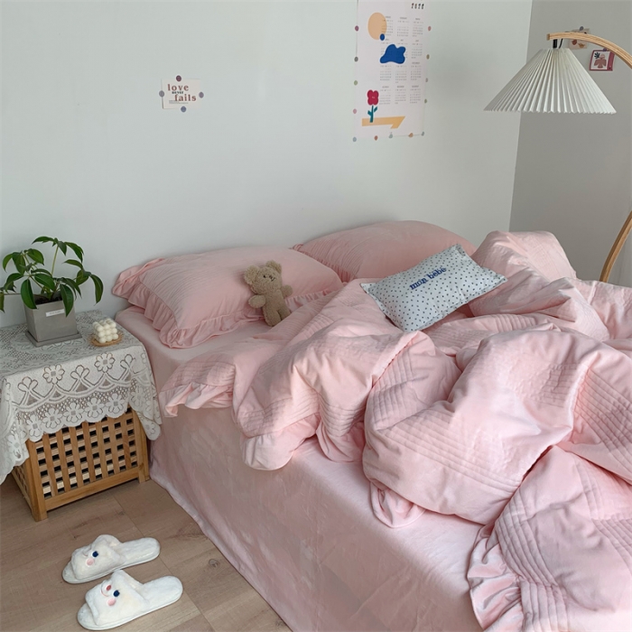 91家纺网 家纺一手货源 找家纺 六巷胡同 2022新款韩国博主同款婴儿绒四件套 浅橘粉