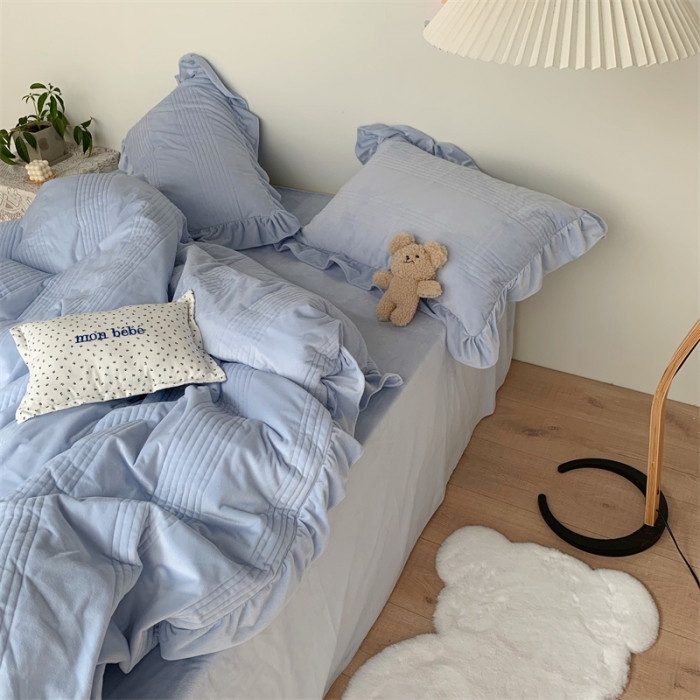 91家纺网 家纺一手货源 找家纺 六巷胡同 2022新款韩国博主同款婴儿绒四件套 雾霾蓝