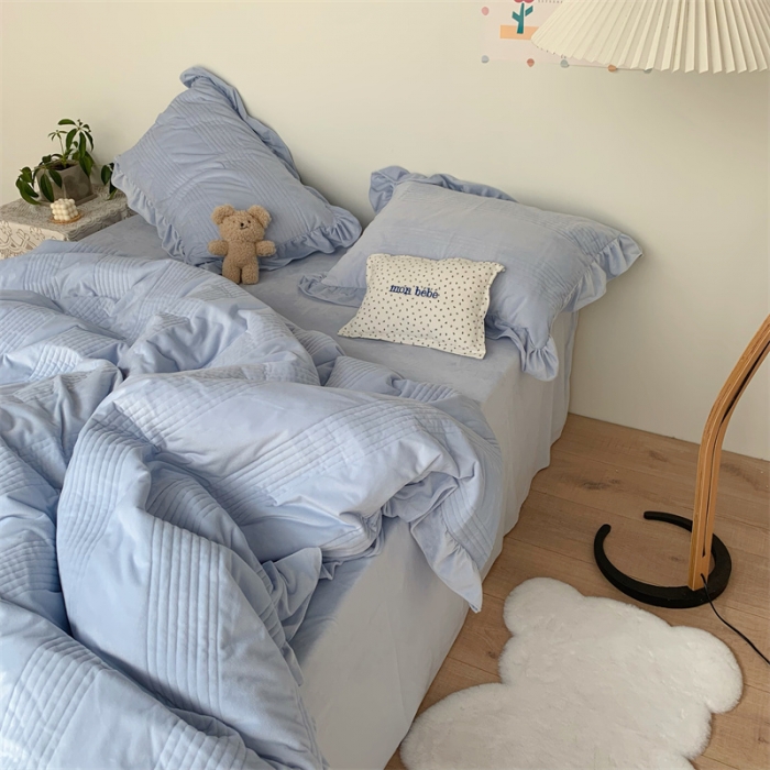91家纺网 家纺一手货源 找家纺 六巷胡同 2022新款韩国博主同款婴儿绒四件套 雾霾蓝
