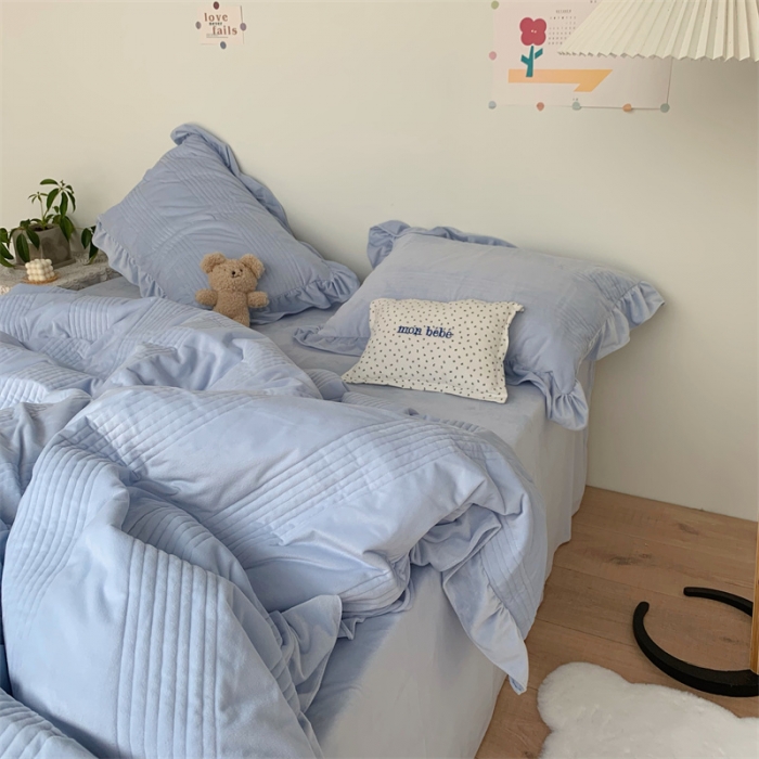 91家纺网 家纺一手货源 找家纺 六巷胡同 2022新款韩国博主同款婴儿绒四件套 雾霾蓝