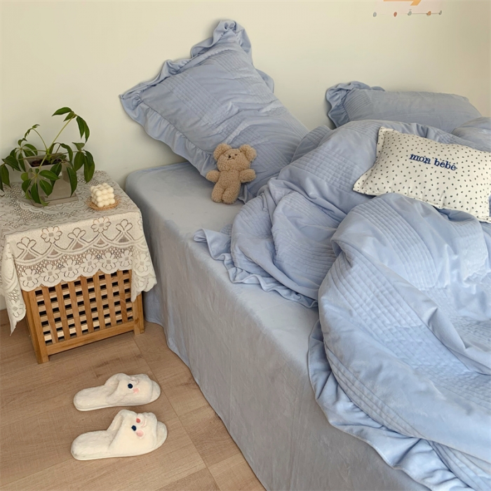 91家纺网 家纺一手货源 找家纺 六巷胡同 2022新款韩国博主同款婴儿绒四件套 雾霾蓝