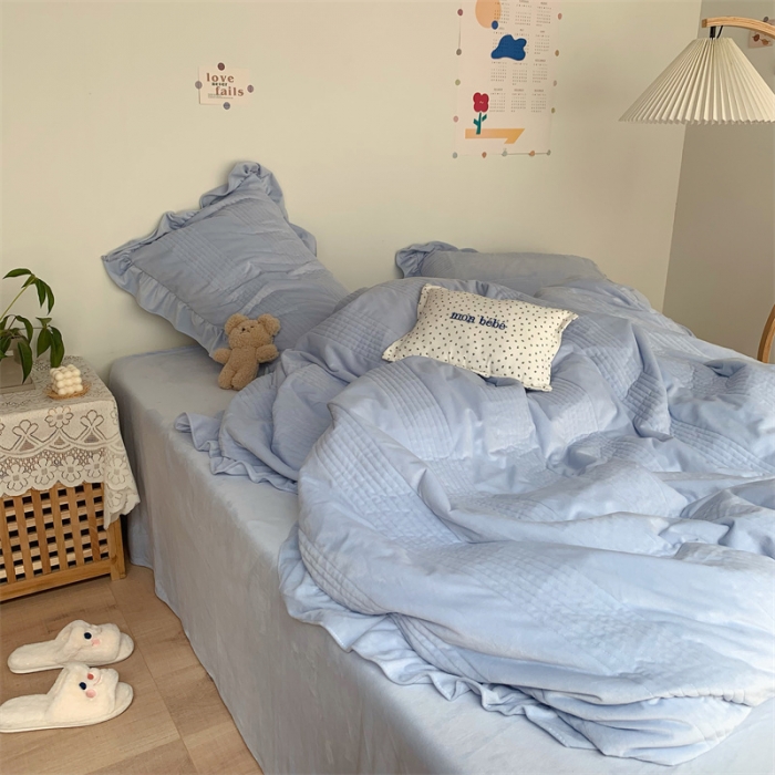 91家纺网 家纺一手货源 找家纺 六巷胡同 2022新款韩国博主同款婴儿绒四件套 雾霾蓝