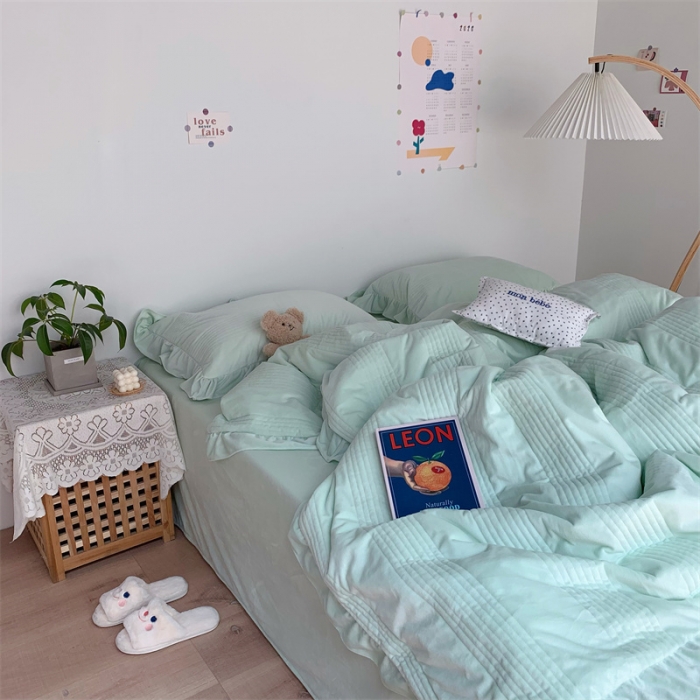 91家纺网 家纺一手货源 找家纺 六巷胡同 2022新款韩国博主同款婴儿绒四件套 原野绿