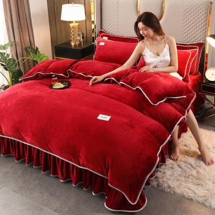 91家纺网 家纺一手货源 找家纺 栩裕 2023新款纯色双拼加厚牛奶绒四件套 酒红纯色