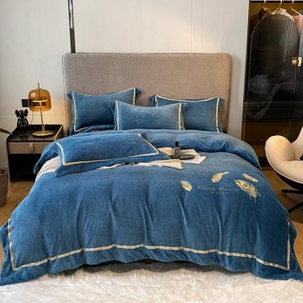 吾秀家居 2022新款羽毛刺绣雕花绒四件套 羽毛绒蓝