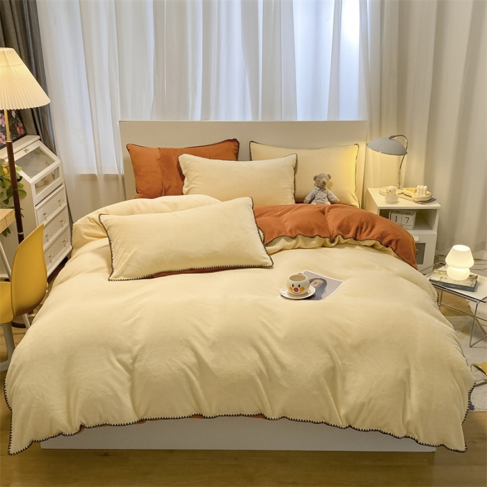 91家纺网 家纺一手货源 找家纺 眠帛家居 2022新款水洗棉贝壳绣边四件套 奶黄-焦糖