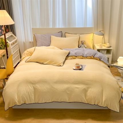 91家纺网 家纺一手货源 找家纺 眠帛家居 2022新款水洗棉贝壳绣边四件套 奶黄-浅紫