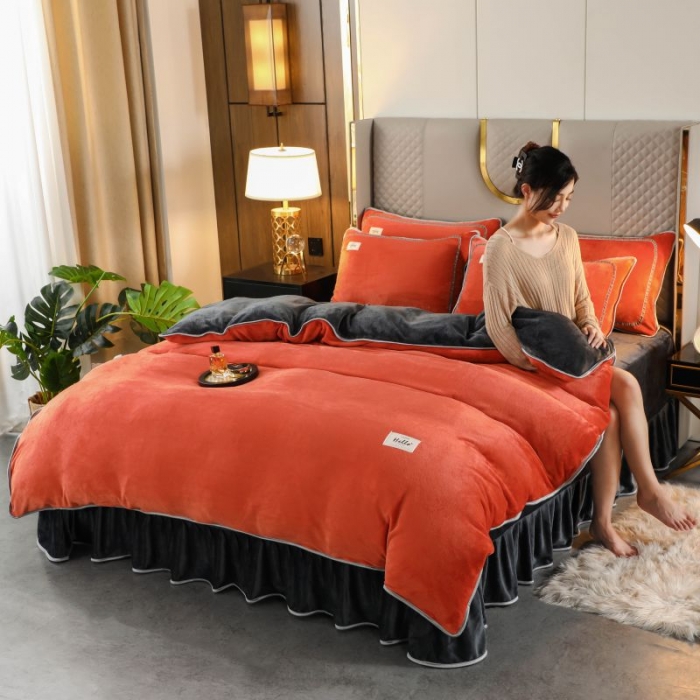 91家纺网 家纺一手货源 找家纺 栩裕 2023新款纯色双拼加厚牛奶绒四件套 橙色拼色