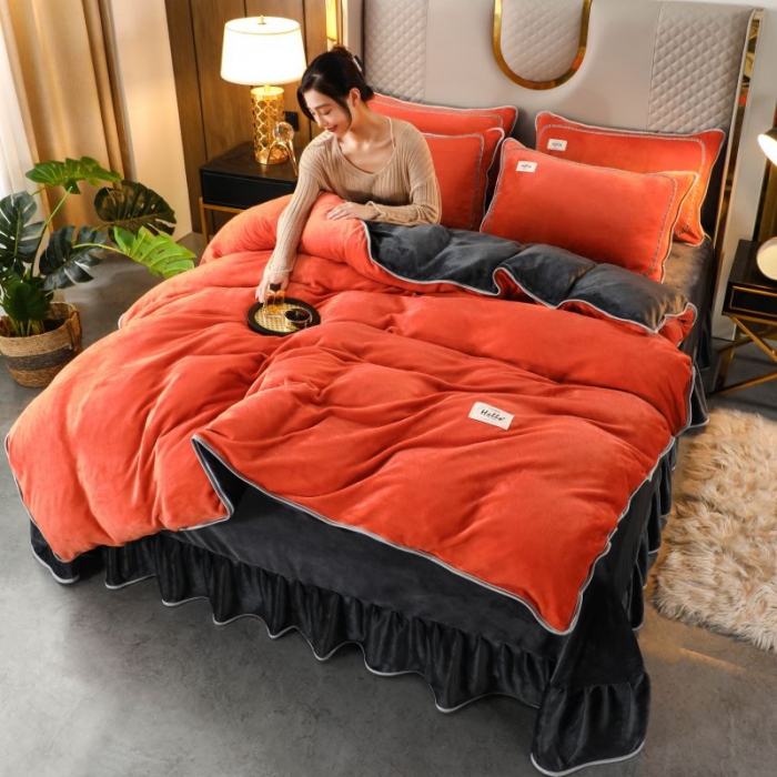 91家纺网 家纺一手货源 找家纺 栩裕 2023新款纯色双拼加厚牛奶绒四件套 橙色拼色