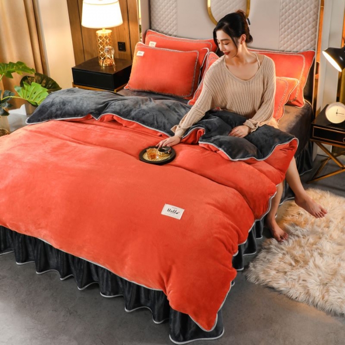 91家纺网 家纺一手货源 找家纺 栩裕 2023新款纯色双拼加厚牛奶绒四件套 橙色拼色