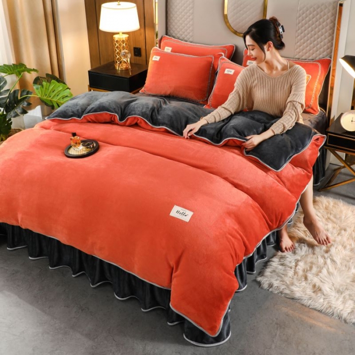 91家纺网 家纺一手货源 找家纺 栩裕 2023新款纯色双拼加厚牛奶绒四件套 橙色拼色