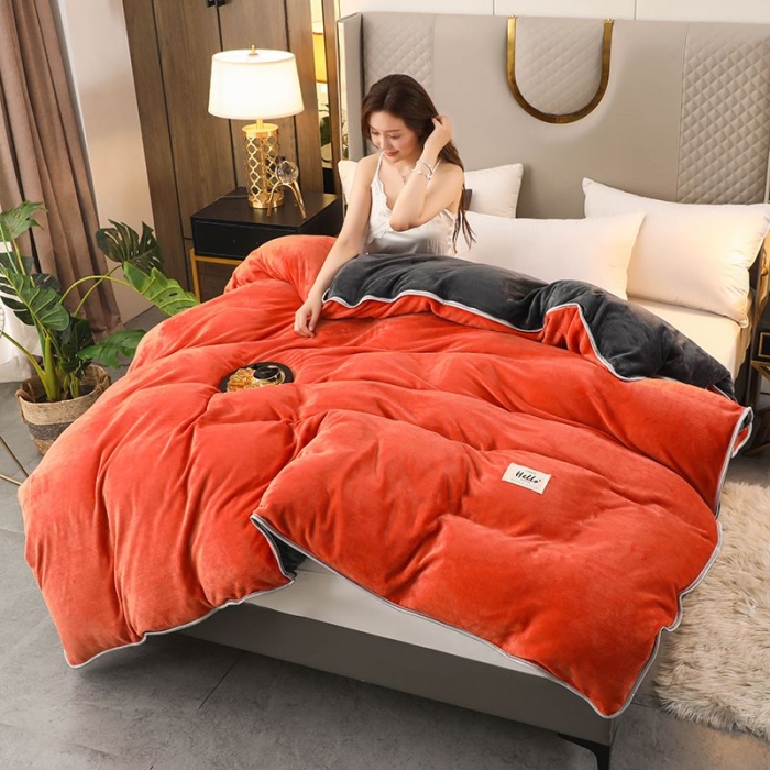 91家纺网 家纺一手货源 找家纺 栩裕 2023新款纯色双拼加厚牛奶绒四件套 橙色拼色