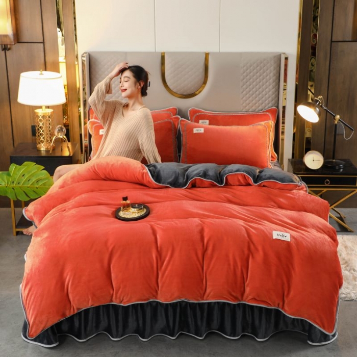 91家纺网 家纺一手货源 找家纺 栩裕 2023新款纯色双拼加厚牛奶绒四件套 橙色拼色