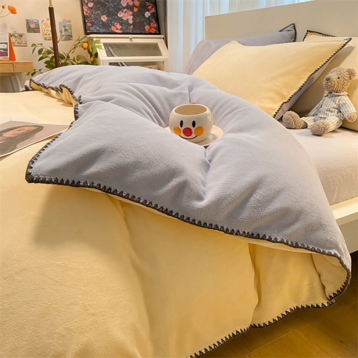 91家纺网 家纺一手货源 找家纺 眠帛家居 2022新款水洗棉贝壳绣边四件套 奶黄-浅紫