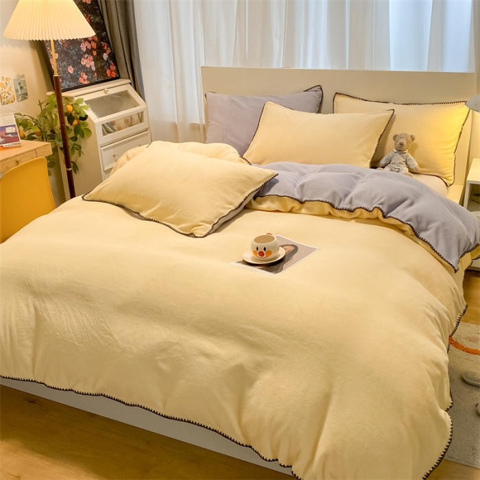 91家纺网 家纺一手货源 找家纺 眠帛家居 2022新款水洗棉贝壳绣边四件套 奶黄-浅紫