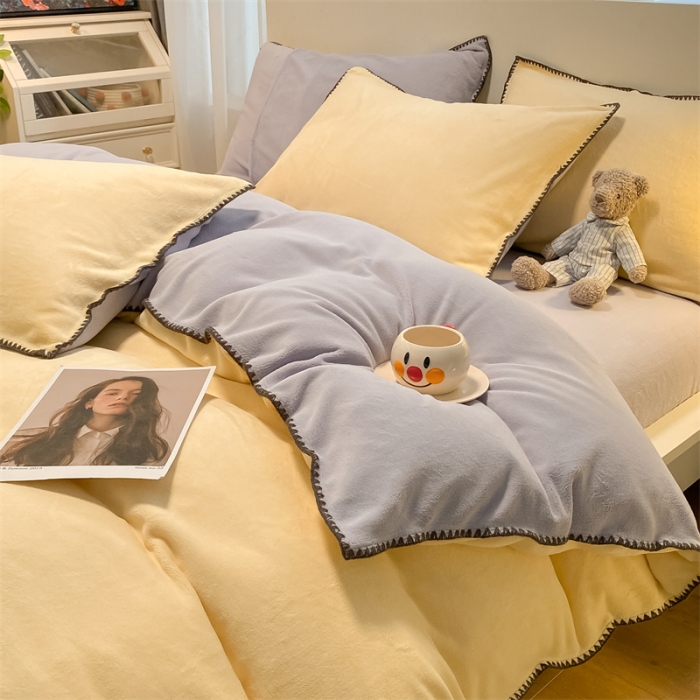 91家纺网 家纺一手货源 找家纺 眠帛家居 2022新款水洗棉贝壳绣边四件套 奶黄-浅紫