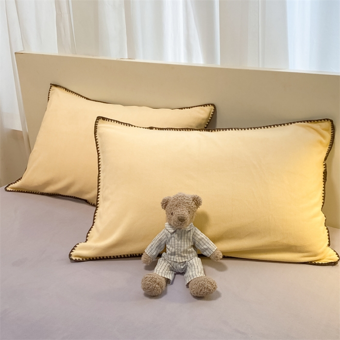 91家纺网 家纺一手货源 找家纺 眠帛家居 2022新款水洗棉贝壳绣边四件套 奶黄-浅紫