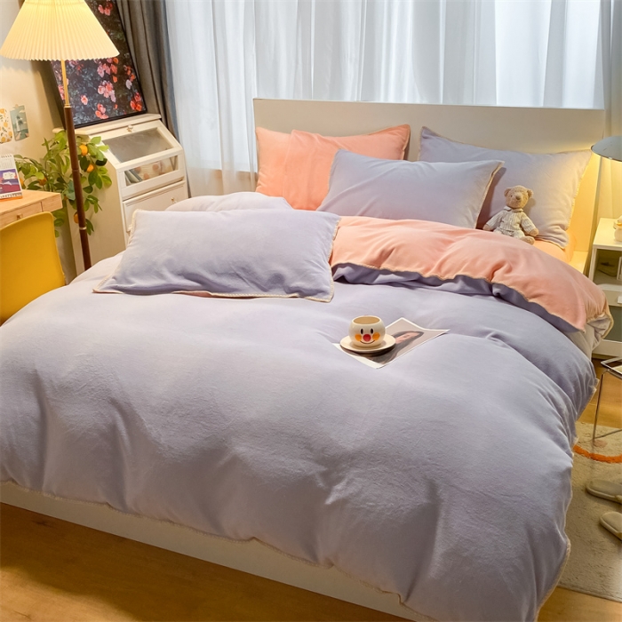 91家纺网 家纺一手货源 找家纺 眠帛家居 2022新款水洗棉贝壳绣边四件套 浅紫-奶油粉