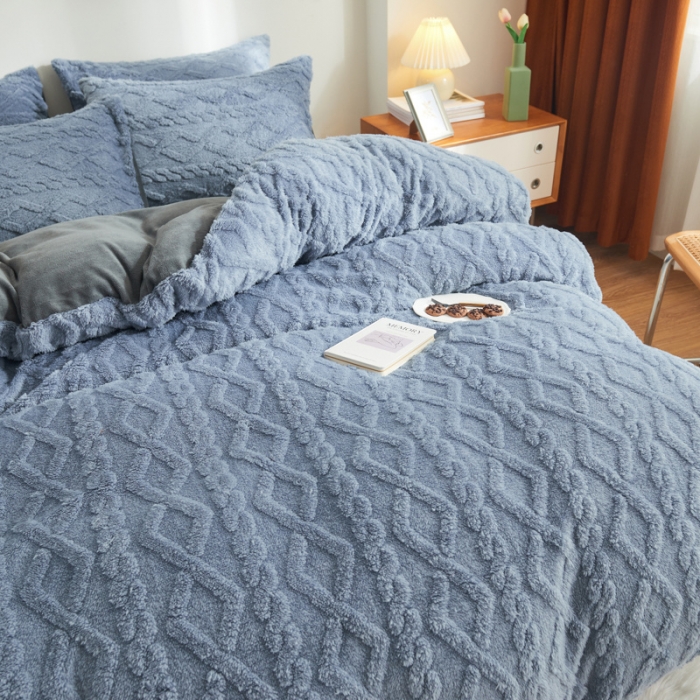 91家纺网 家纺一手货源 找家纺 吾秀家居 2022新款舒棉绒提花四件套 舒棉绒蓝灰