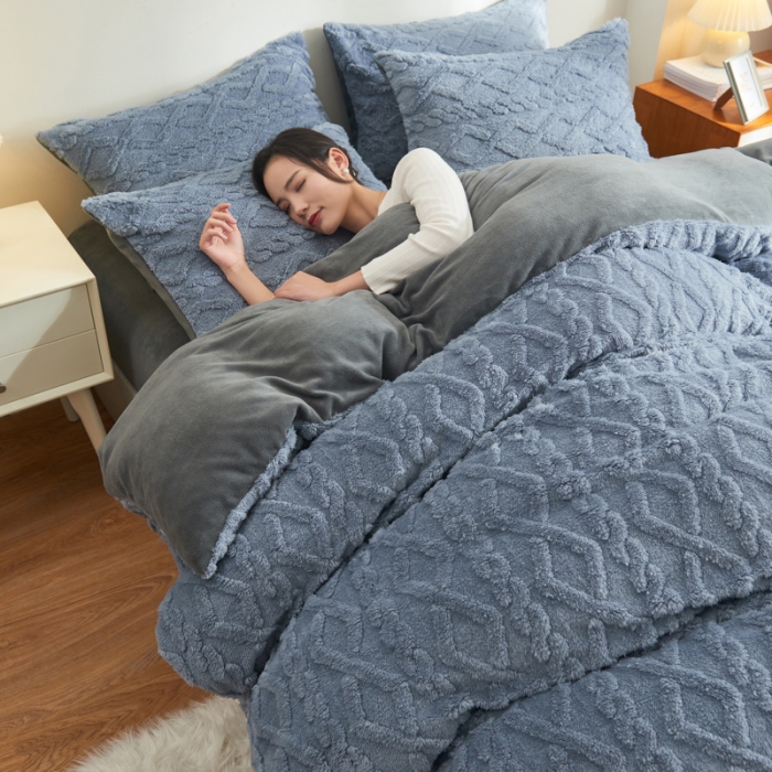 91家纺网 家纺一手货源 找家纺 吾秀家居 2022新款舒棉绒提花四件套 舒棉绒蓝灰