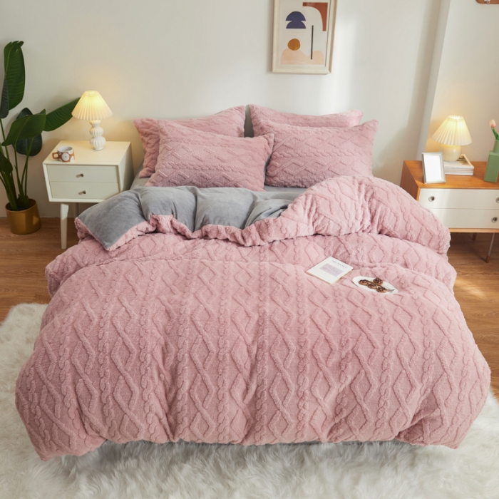 91家纺网 家纺一手货源 找家纺 吾秀家居 2022新款舒棉绒提花四件套 舒棉绒藕粉