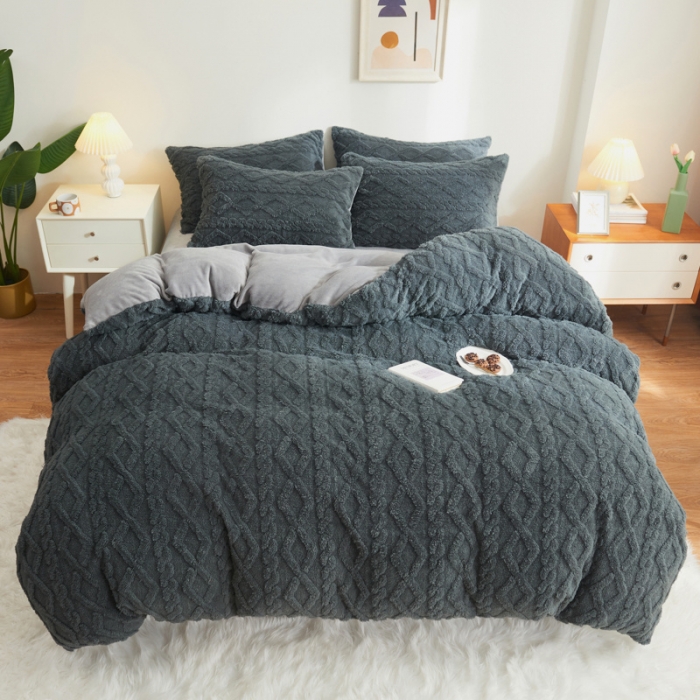 91家纺网 家纺一手货源 找家纺 吾秀家居 2022新款舒棉绒提花四件套 舒棉绒深灰