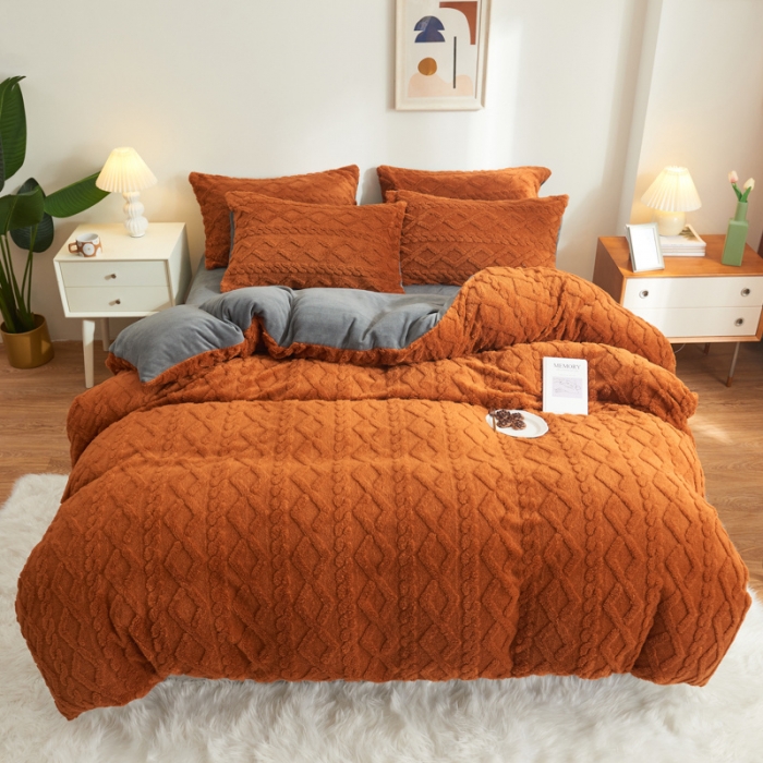 91家纺网 家纺一手货源 找家纺 吾秀家居 2022新款舒棉绒提花四件套 舒棉绒唐茶