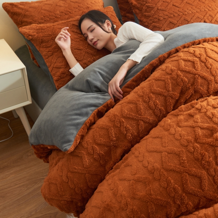 91家纺网 家纺一手货源 找家纺 吾秀家居 2022新款舒棉绒提花四件套 舒棉绒唐茶