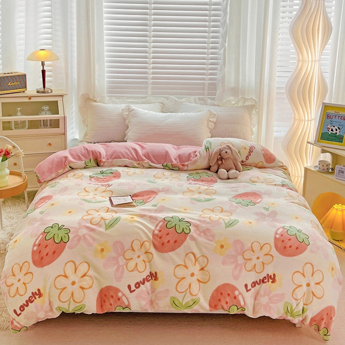 91家纺网 家纺一手货源 找家纺 慕尚 2022新款牛奶绒保暖单被套 大草莓