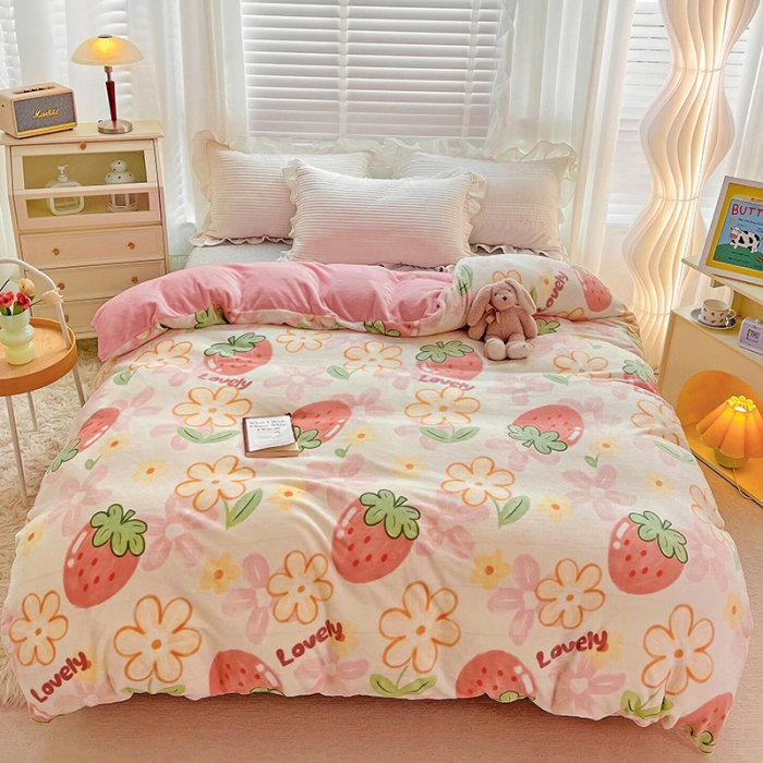 91家纺网 家纺一手货源 找家纺 慕尚 2022新款牛奶绒保暖单被套 大草莓