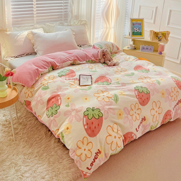 91家纺网 家纺一手货源 找家纺 慕尚 2022新款牛奶绒保暖单被套 大草莓