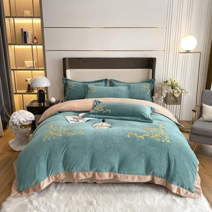 吾秀家居 2022新款牛奶绒欧若拉系列刺绣飞边四件套 欧若拉湖兰