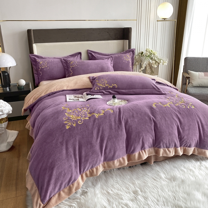 91家纺网 家纺一手货源 找家纺 吾秀家居 2022新款牛奶绒欧若拉系列刺绣飞边四件套 欧若拉浅紫