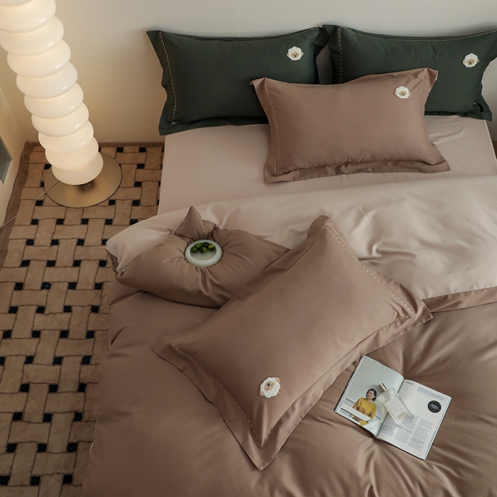 91家纺网 家纺一手货源 找家纺 沐白家纺 2022精梳火山全棉小磨毛纯色系列四件套 百草棕丨鱼肚白