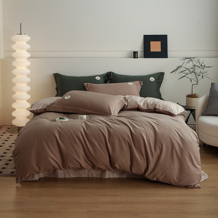 91家纺网 家纺一手货源 找家纺 沐白家纺 2022精梳火山全棉小磨毛纯色系列四件套 百草棕丨鱼肚白