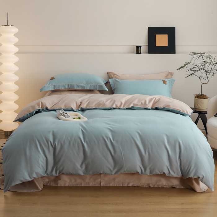 91家纺网 家纺一手货源 找家纺 沐白家纺 2022精梳火山全棉小磨毛纯色系列四件套 黛水蓝丨鱼肚白