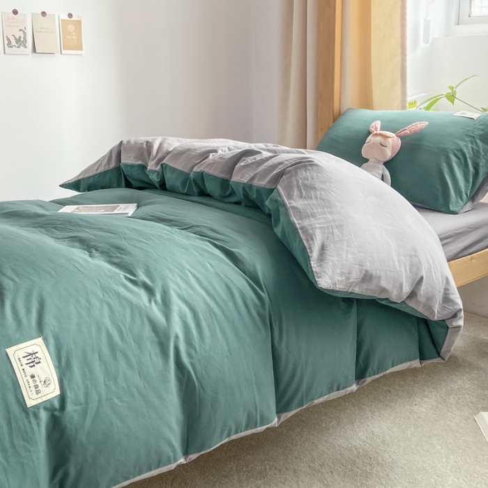 91家纺网 家纺一手货源 找家纺 恋人优选2023新款纯棉水洗双拼被套四件套AB版 草绿(浅灰)